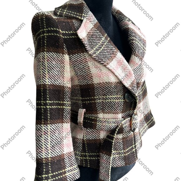 CAbi #730 NWT Coat Women's 4 Jacket Plaid Kate Pink Brown Spy Belted Wool Blend - Picture 6 of 7